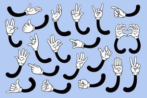 Cartoon hands. Hand palm in white gloves in various gestures. Love, ok and victory, thumb up signs vector isolated set