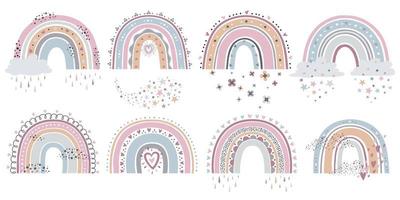 Scandinavian rainbow. Cartoon rainbows with clouds, flowers and stars in pastel colors for kids textile, wallpaper isolated vector set