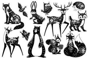 escandinavo animales bosque habitantes nórdico con floral patrones. ciervo, zorro y liebre, ardilla y erizo, lince y búho sueco estilo vector conjunto