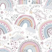 Rainbow seamless pattern. Cartoon rainbows with clouds, hearts and stars in pastel colors for kids textile, wallpaper Vector texture