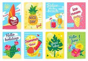 Summer poster. Beach party flyer with sea, surfboard, cocktails, pineapple, fruits, ice cream, tropical leaves. Hello holidays or vacation banner vector set