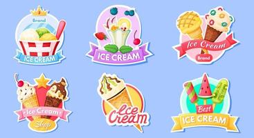 Ice cream label. Logo, badge for ice cream shop with fruit ice, popsicles. Vanilla and chocolate sundae cafe menu labels. Cartoon cold dessert sign vector set