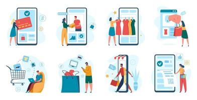 Online shopping. Customer purchasing with smartphone, online store checkout. Mobile app payment, e-commerce, digital marketing concept vector set