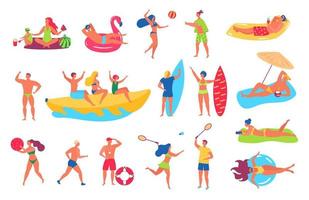 People on beach. Man and woman in swimsuits sunbathing, relaxing on beach towel. Friends playing sport games. Summer vacation holiday vector set