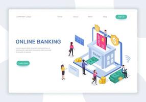 Online banking landing page. 3d isometric online finance management concept. Secure payments, money transactions vector web template