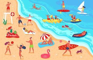 People at beach. Man and woman having fun and relaxing on beach. Friends playing sports, sunbathing, swimming. Summer vacation vector illustration