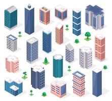 Isometric buildings. Urban skyscraper tower, modern apartment or business office building. 3d city architecture with trees vector set