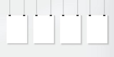 Poster mockup. Blank photo, picture paper frame template with holders and ropes for portfolio, gallery and display. Empty white banners vector set