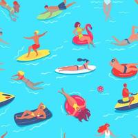 People swimming seamless pattern. Friends having fun in sea or ocean, relaxing on inflatable circles, riding water scooter vector illustration