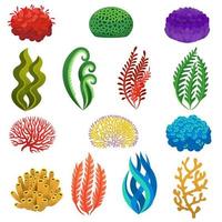 Seaweed and corals. Cartoon underwater reef plants and animals. Aquarium, ocean and sea flora, marine floral elements vector set