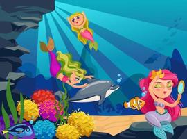 Mermaid underwater. Cartoon ocean deep world with fishes, seaweeds and cute mermaids and dolphin. Undersea bottom vector background