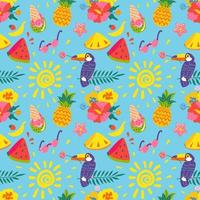 Summer seamless pattern. Pineapple, ice cream, watermelon, flower, toucan, sun hand drawn elements. Tropical print, holiday or vacation background vector