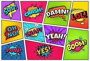 Comic book page. Super layout with frame and speech bubbles with comic words. Crach, pow, yes and snap vector pop art cartoon template