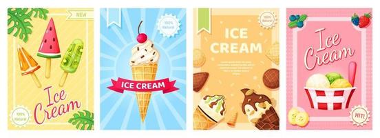 Ice cream poster. Cold summer desserts promotional banner. Flyer template with vanilla, chocolate sundae, fruit ice, popsicle for shop, cafe menu, restaurant vector set