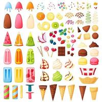 Ice cream constructor. Various flavors, cones, toppings, sprinkles to make your ice cream. Vanilla, chocolate sundae, strawberry fruit ice, popsicle. Vector dessert elements set