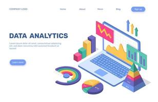 Data analytics landing page. 3d isometric business statistical analysis concept with pie chart, graph, diagram, laptop. Webpage vector template