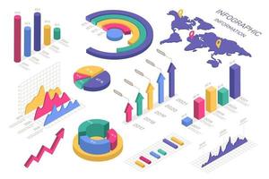 Isometric charts. Circle diagram, world map, pie and donut chart, graphic. 3d data analysis infographic elements for presentation vector set