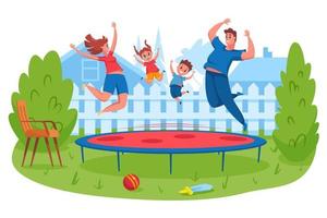 Happy family jumping on trampoline. Mother and father bounce together with children. Parents spending time with kids and having fun. Outdoor backyard family activity vector