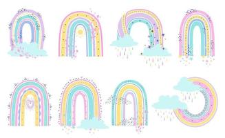 Cartoon rainbow. Scandinavian rainbows with heart and stars in pastel colors. Elements for childish patterns, wallpaper and stickers vector set