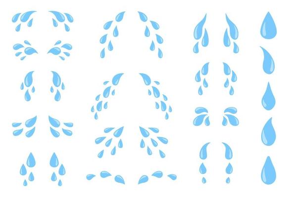 Cartoon tears. Sweat or crying fluid, falling blue water drops. Raindrops isolated vector set for sorrowful character weeping expression