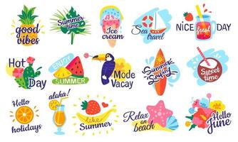 Summer lettering. Holiday, vacation labels, beach party badges with fruit cocktails, tropical leaves, yacht, seashell, flowers, watermelon. Summertime logo vector set