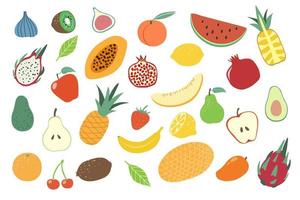 Fruits. Doodle apple, orange and pear, lemon and watermelon, cherry and pineapple, kiwi. Banana, peach and avocado vegan food, juicy fruit vector set
