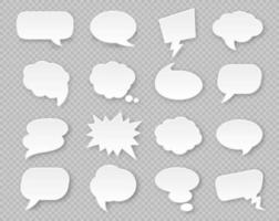 Paper speech bubbles. Comic thought white blank balloons with shadow. Thinking cloud for expression in various shapes vector set