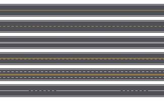 Seamless highway. Straight asphalt road with yellow and white markings. Horizontal urban city street. Empty top view roadway vector set