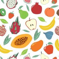 Fruits pattern. Juicy pear, apple and banana, kiwi and strawberry, peach and pomegranate natural farm product seamless vector texture