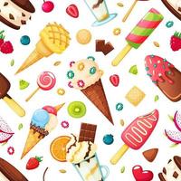 Ice cream seamless pattern. Vanilla sundae with caramel topping. Frozen yogurt, fruit ice popsicles. Cold summer desserts with fruits, sprinkles cartoon vector background