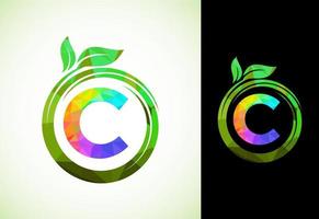 Polygonal alphabet C in a spiral with green leaves. Nature icon sign symbol. Geometric shapes style logo design for business healthcare, nature, farm, and company identity. vector