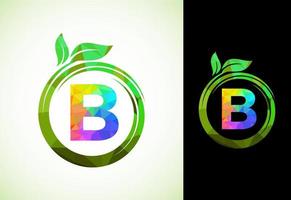 Polygonal alphabet B in a spiral with green leaves. Nature icon sign symbol. Geometric shapes style logo design for business healthcare, nature, farm, and company identity. vector