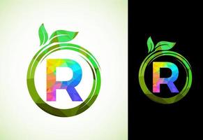 Polygonal alphabet R in a spiral with green leaves. Nature icon sign symbol. Geometric shapes style logo design for business healthcare, nature, farm, and company identity. vector