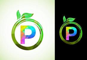 Polygonal alphabet P in a spiral with green leaves. Nature icon sign symbol. Geometric shapes style logo design for business healthcare, nature, farm, and company identity. vector