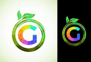 Polygonal alphabet G in a spiral with green leaves. Nature icon sign symbol. Geometric shapes style logo design for business healthcare, nature, farm, and company identity. vector