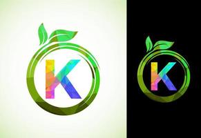 Polygonal alphabet K in a spiral with green leaves. Nature icon sign symbol. Geometric shapes style logo design for business healthcare, nature, farm, and company identity. vector