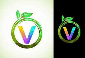 poligonal alfabeto v en un espiral con verde hojas. naturaleza icono firmar símbolo. geométrico formas estilo logo diseño para negocio cuidado de la salud, naturaleza, granja, y empresa identidad. vector