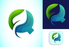 Letter Q with negative space leaf logo vector template. Gradient logo design