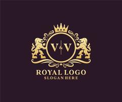 Initial VV Letter Lion Royal Luxury Logo template in vector art for Restaurant, Royalty, Boutique, Cafe, Hotel, Heraldic, Jewelry, Fashion and other vector illustration.