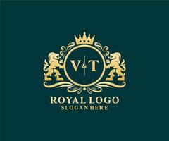 Initial VT Letter Lion Royal Luxury Logo template in vector art for Restaurant, Royalty, Boutique, Cafe, Hotel, Heraldic, Jewelry, Fashion and other vector illustration.