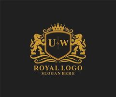 Initial UW Letter Lion Royal Luxury Logo template in vector art for Restaurant, Royalty, Boutique, Cafe, Hotel, Heraldic, Jewelry, Fashion and other vector illustration.