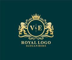 Initial VE Letter Lion Royal Luxury Logo template in vector art for Restaurant, Royalty, Boutique, Cafe, Hotel, Heraldic, Jewelry, Fashion and other vector illustration.