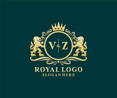Initial VZ Letter Lion Royal Luxury Logo template in vector art for Restaurant, Royalty, Boutique, Cafe, Hotel, Heraldic, Jewelry, Fashion and other vector illustration.