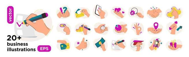 Vector illustrations of digital marketing with hands. The concept of a business idea, startup, organization, brainstorming. Mega set isolated on a white background