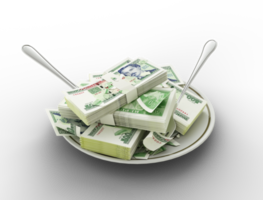 3D rendering of Cuban Peso notes on plate. Money spent on food concept. Food expenses, expensive meal, spending money concept. eating money, misuse of money png