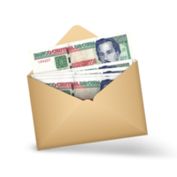 Cuban Peso notes inside an open brown envelope. 3D illustration of money in an open envelope png