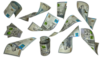 3D rendering of 20000 Kazakhstani Tenge notes flying in different angles and orientations png