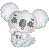 Cute kawaii happy smile warmth love koala baby and mom hug and cuddle kid watercolour, Mother Day, png