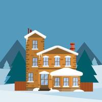 Winter home. Suburban building with snowdrifts on the natural landscape with forest and trees. Snowdrifts and icicles. A cozy home. vector