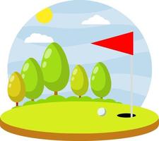 Golf course. Summer sports and hobby. Red flag with hole and ball. Cartoon flat illustration vector